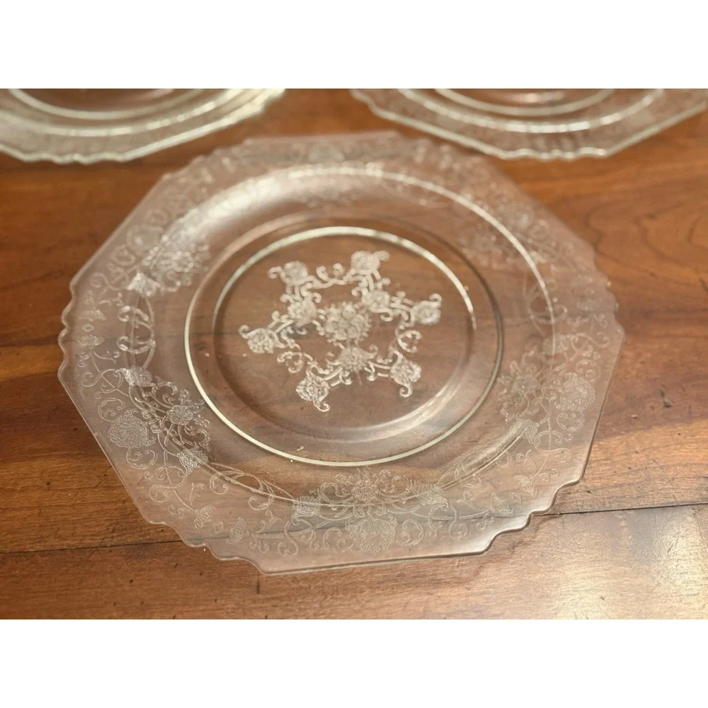 Vintage Hazel Atlas Florentine No 1 Clear Depression Glass Plates Octagon Set 3